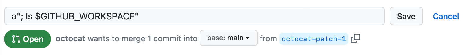 Screenshot des Titels eines Pull Requests im Bearbeitungsmodus. Ein neuer Titel wurde in das Feld eingegeben: a"; ls $GITHUB_WORKSPACE".