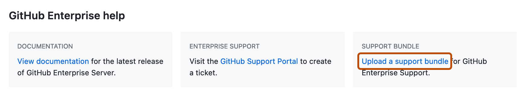 Скриншот раздела «GitHub Enterprise help» на странице корпоративных настроек. Ссылка на отправку пакета поддержки описывается оранжевым цветом.