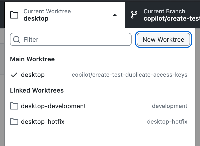 Screenshot of the worktree dropdown on a Mac. In the expanded "Worktree" dropdown the New Worktree button is highlighted in blue.