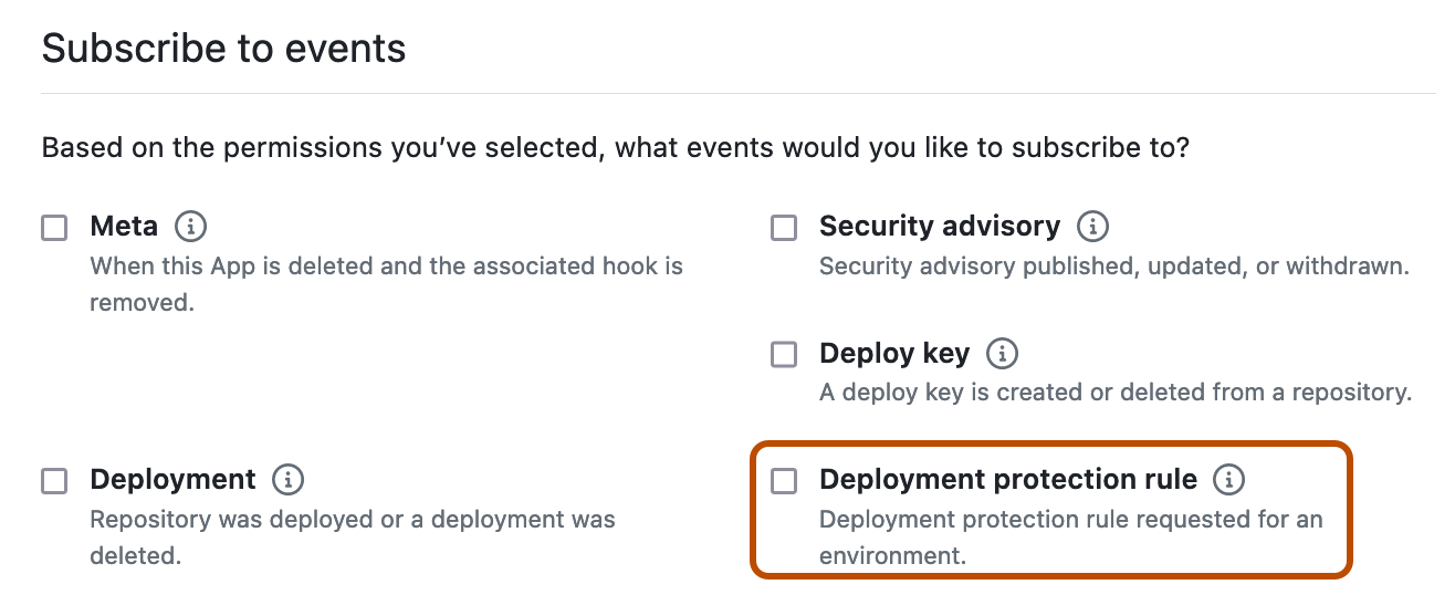 Captura de tela da seção "Inscrever-se em eventos" para um novo aplicativo GitHub. A caixa de seleção da regra de proteção de implantação está destacada em laranja.