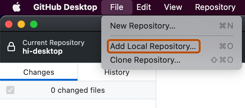 Capture d’écran de la barre de menus sur un Mac. Le menu déroulant « Fichier » est ouvert, et une option intitulée « Ajouter un référentiel local » est mise en évidence en orange.