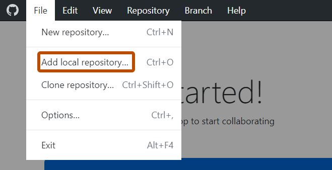Capture d’écran de la barre de menus sur Windows. Le menu déroulant « Fichier » est ouvert, et une option intitulée « Ajouter un référentiel local » est mise en évidence en orange.