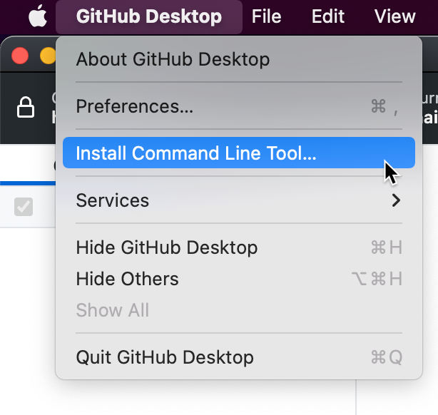 Captura de pantalla de la barra de menús en un equipo Mac. En el menú desplegable "GitHub Desktop" (Escritorio de GitHub), la opción "Install command line tool" (Instalar herramienta de línea de comandos) está resaltada en azul.
