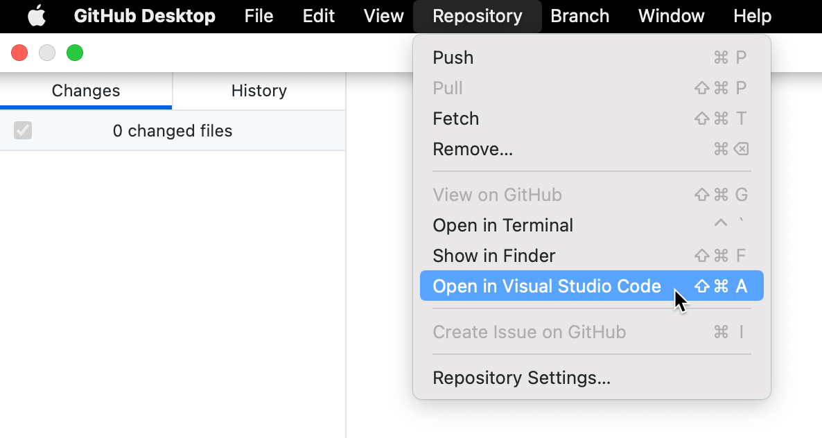 Captura de pantalla de una barra de menús en un equipo Mac. En el menú desplegable «Repositorio», un cursor se sitúa sobre «Abrir en Visual Studio Code», destacado en azul.