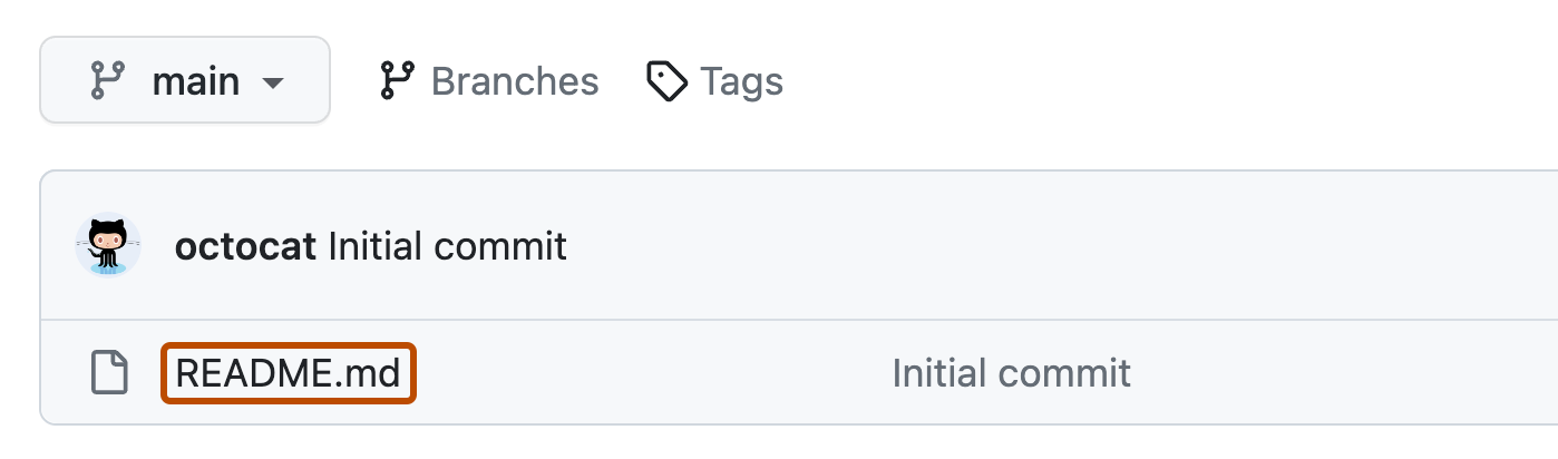 Capture d’écran d’une liste de fichiers dans un dépôt. Un nom de fichier, « README.md » est mis en évidence avec un encadré orange.