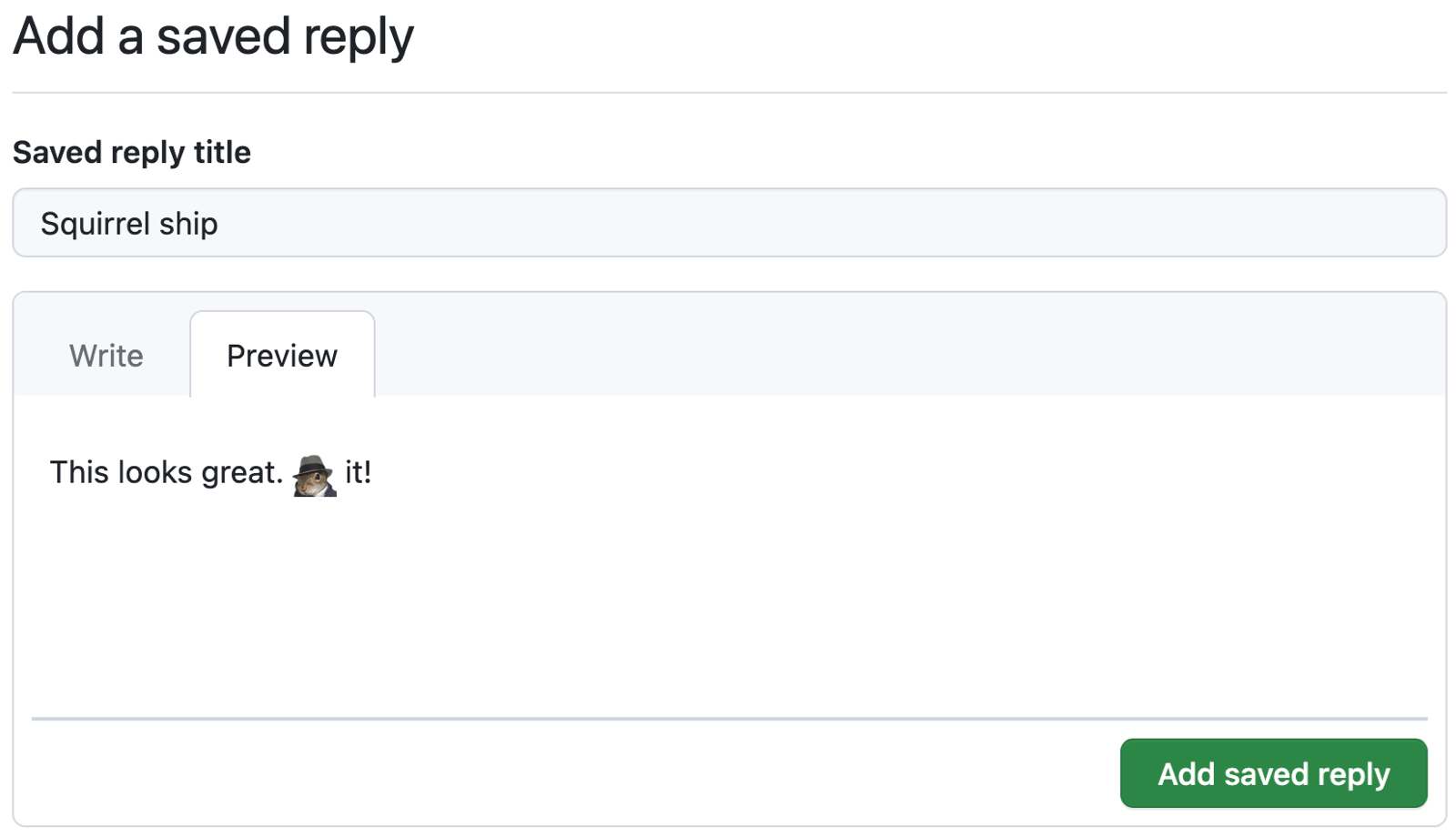 Captura de tela de uma resposta padrão do GitHub intitulada "Squirrel ship" mostrando o Markdown na janela de prévia. O texto e o ícone "ShipIt" são mostrados.